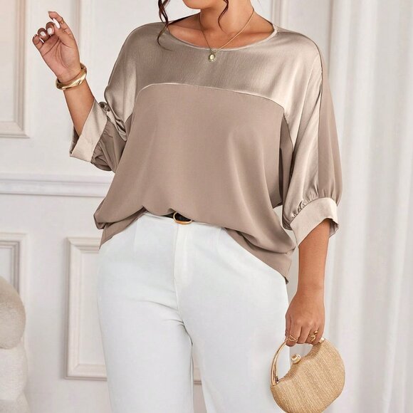 Champagne Casual Women's Plus Size Metallic Party Shirt - Picture 4 of 7